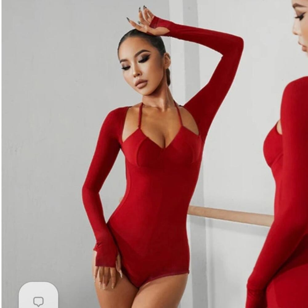 Danceand Sway Z Women's Milk Silk Long Sleeve Bodysuit Practice Red NEW Small
